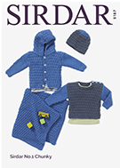 Sirdar 5187 Hooded Jacket, Round Neck Sweater, Hat, & Blanket for newborn to 3 years in #5 weight/Chunky yarn
